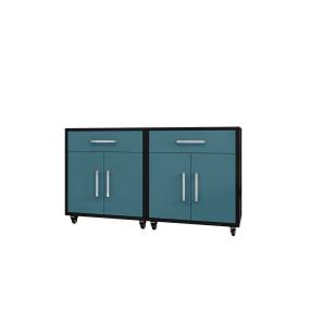 Eiffel Mobile Garage Cabinet in Matte Black and Aqua Blue (Set of 2) - Manhattan Comfort 2-252BMC83
