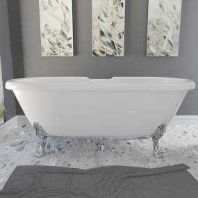 Dolomite Mineral Composite Double Ended Clawfoot Tub with No Faucet Holes, Polished Chrome Feet and Drain Assembly - Cambridge ES-DE69-NH-CP