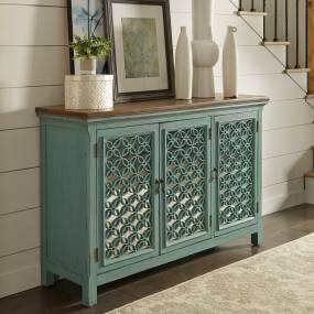 Transitional 3 Door Accent Cabinet In Turquoise Finish W/ Worn Wood Tone Top - Liberty Furniture 2011-AC5636