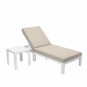 LeisureMod Chelsea Modern Outdoor White Chaise Lounge Chair With Side Table & Cushions in Beige - LeisureMod CLTW-77BG