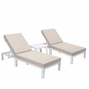 LeisureMod Chelsea Modern Outdoor White Chaise Lounge Chair Set of 2 With Side Table & Cushions in Beige - LeisureMod CLTW-77BG2