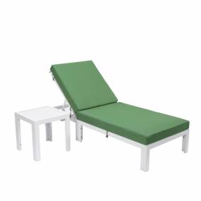 LeisureMod Chelsea Modern Outdoor White Chaise Lounge Chair With Side Table & Cushions in Green - LeisureMod CLTW-77G