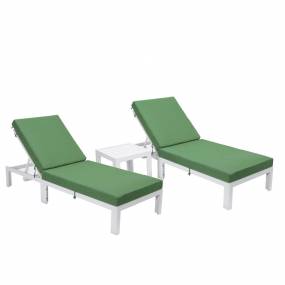 LeisureMod Chelsea Modern Outdoor White Chaise Lounge Chair Set of 2 With Side Table & Cushions in Green - LeisureMod CLTW-77G2