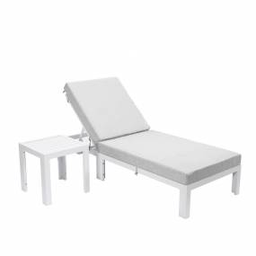 LeisureMod Chelsea Modern Outdoor White Chaise Lounge Chair With Side Table & Cushions in Light Grey - LeisureMod CLTW-77LGR