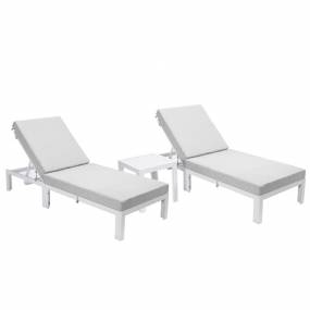 LeisureMod Chelsea Modern Outdoor White Chaise Lounge Chair Set of 2 With Side Table & Cushions in Light Grey - LeisureMod CLTW-77LGR2