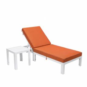 LeisureMod Chelsea Modern Outdoor White Chaise Lounge Chair With Side Table & Cushions in Orange - LeisureMod CLTW-77OR