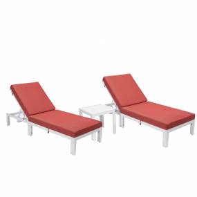 LeisureMod Chelsea Modern Outdoor White Chaise Lounge Chair Set of 2 With Side Table & Cushions in Red - LeisureMod CLTW-77R2