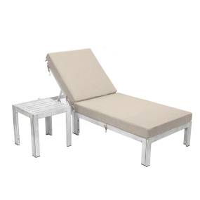 LeisureMod Chelsea Modern Outdoor Weathered Grey Chaise Lounge Chair With Side Table & Cushions - Leisuremod CLTWGR-77BG