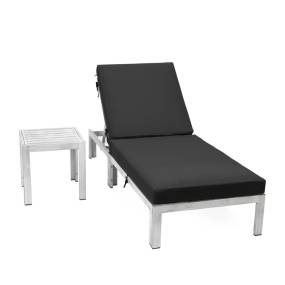 LeisureMod Chelsea Modern Outdoor Weathered Grey Chaise Lounge Chair With Side Table & Cushions - Leisuremod CLTWGR-77BL