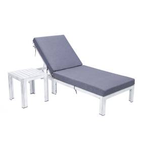 LeisureMod Chelsea Modern Outdoor Weathered Grey Chaise Lounge Chair With Side Table & Cushions - Leisuremod CLTWGR-77BU