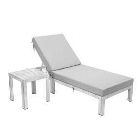 LeisureMod Chelsea Modern Outdoor Weathered Grey Chaise Lounge Chair With Side Table & Cushions - Leisuremod CLTWGR-77LGR