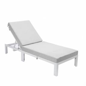 LeisureMod Chelsea Modern Outdoor White Chaise Lounge Chair With Cushions in Light Grey - LeisureMod CLW-77LGR