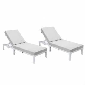 LeisureMod Chelsea Modern Outdoor White Chaise Lounge Chair With Cushions Set of 2 in Light Grey - LeisureMod CLW-77LGR2