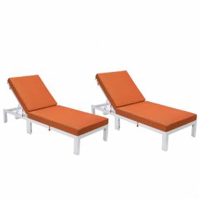 LeisureMod Chelsea Modern Outdoor White Chaise Lounge Chair With Cushions Set of 2 in Orange - LeisureMod CLW-77OR2