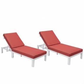 LeisureMod Chelsea Modern Outdoor White Chaise Lounge Chair With Cushions Set of 2 in Red - LeisureMod CLW-77R2