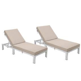 Chelsea Modern Outdoor Weathered Grey Chaise Lounge Chair With Cushions Set of 2 in Beige - LeisureMod CLWGR-77BG2