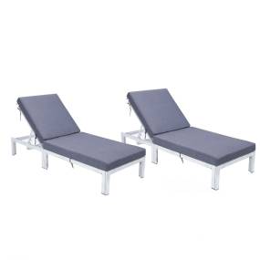 Chelsea Modern Outdoor Weathered Grey Chaise Lounge Chair With Cushions Set of 2 in Blue - LeisureMod CLWGR-77BU2