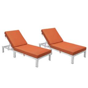 Chelsea Modern Outdoor Weathered Grey Chaise Lounge Chair With Cushions Set of 2 in Orange - LeisureMod CLWGR-77OR2