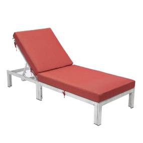 Chelsea Modern Outdoor Weathered Grey Chaise Lounge Chair With Cushions in Red - LeisureMod CLWGR-77R