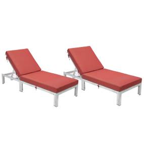 Chelsea Modern Outdoor Weathered Grey Chaise Lounge Chair With Cushions Set of 2 in Red - LeisureMod CLWGR-77R2