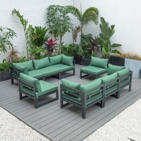 LeisureMod Chelsea 8-Piece Patio Sectional Black Aluminum With Cushions in Green - LeisureMod CSCMBL-8G