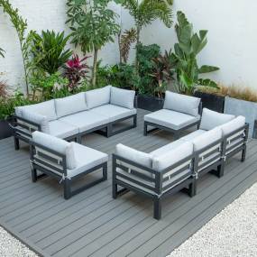 LeisureMod Chelsea 8-Piece Patio Sectional Black Aluminum With Cushions in Light Grey - LeisureMod CSCMBL-8LGR