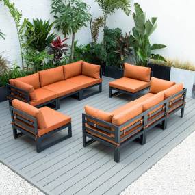 LeisureMod Chelsea 8-Piece Patio Sectional Black Aluminum With Cushions in Orange - LeisureMod CSCMBL-8OR