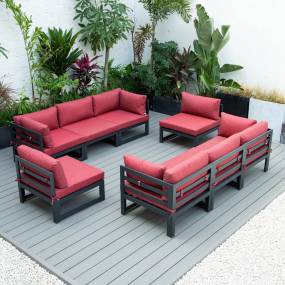 LeisureMod Chelsea 8-Piece Patio Sectional Black Aluminum With Cushions in Red - LeisureMod CSCMBL-8R