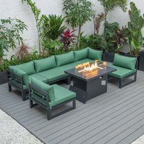 LeisureMod Chelsea 7-Piece Patio Sectional And Fire Pit Table Black Aluminum With Cushions in Green - Leisuremod CSFBL-7G