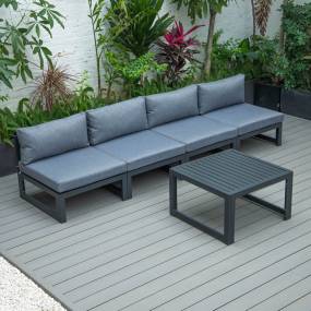 LeisureMod Chelsea 5-Piece Middle Patio Chairs and Coffee Table Set Black Aluminum With Cushions in Blue - Leisuremod CSTBL-4BU