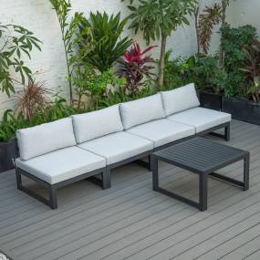LeisureMod Chelsea 5-Piece Middle Patio Chairs and Coffee Table Set Black Aluminum With Cushions in Light Grey - Leisuremod CSTBL-4LGR
