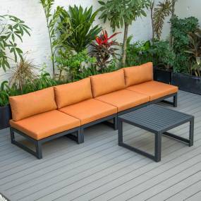 LeisureMod Chelsea 5-Piece Middle Patio Chairs and Coffee Table Set Black Aluminum With Cushions in Orange - Leisuremod CSTBL-4OR