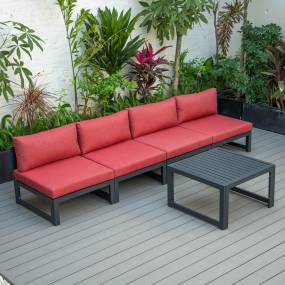LeisureMod Chelsea 5-Piece Middle Patio Chairs and Coffee Table Set Black Aluminum With Cushions in Red - Leisuremod CSTBL-4R