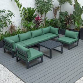 LeisureMod Chelsea 7-Piece Patio Sectional And Coffee Table Set Black Aluminum With Cushions in Green - Leisuremod CSTBL-7G