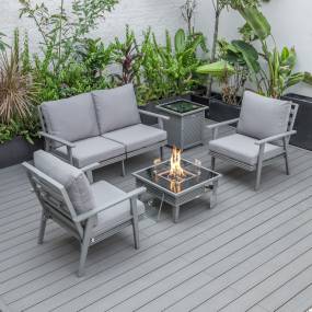 LeisureMod Walbrooke Modern Grey Patio Conversation With Square Fire Pit With Slats Design & Tank Holder - Leisuremod WGRS-27-20-57-31-GR
