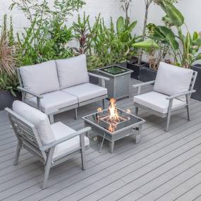 LeisureMod Walbrooke Modern Grey Patio Conversation With Square Fire Pit With Slats Design & Tank Holder - Leisuremod WGRS-27-20-57-31-LGR