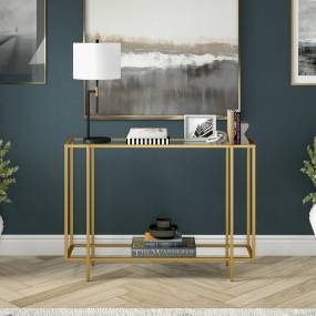 Vireo 42'' Wide Rectangular Console Table with Glass Shelf in Brushed Brass - Hudson and Canal AT1751