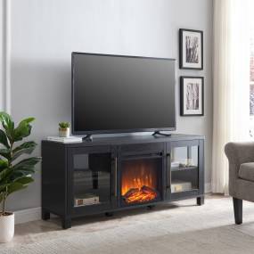 Quincy Rectangular TV Stand with Log Fireplace for TV's up to 65" in Black Grain - Hudson and Canal TV1417