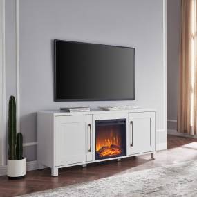 Chabot Rectangular TV Stand with Log Fireplace for TV's up to 65" in White - Hudson and Canal TV1431
