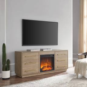 Greer Rectangular TV Stand with Log Fireplace for TV's up to 65" in Antiqued Gray Oak - Hudson and Canal TV1509