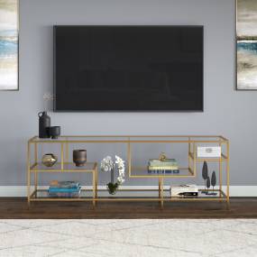 Deveraux Rectangular TV Stand with Glass Shelves for TV's up to 75" in Brass - Hudson and Canal TV1765