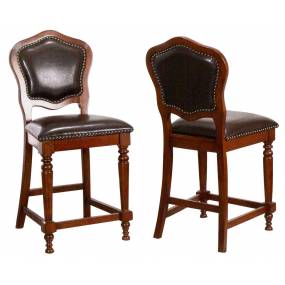 Bellagio Upholstered Barstools with Backs Made From Distressed Cherry Brown Wood With Nailheads ( Set of 2 ) 