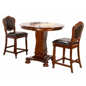 Sunset Trading Bellagio 3 Piece 42" Round Counter Height Dining, Chess and Poker Table Set With Reversible 3 in 1 Game Top In Distressed Cherry Brown Wood Includes Upholstered Stools with Nailheads - Sunset Trading CR-87148-TCB-3P