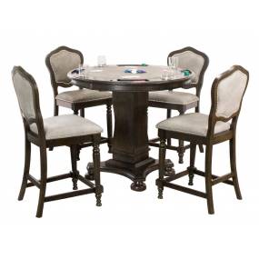 Sunset Trading Vegas 5 Piece 42" Round Counter Height Dining, Chess and Poker Table Set With Reversible 3 in 1 Game Top In Distressed Gray Wood Includes Upholstered Stools with Nailheads - Sunset Trading CR-87711-TCB-5P