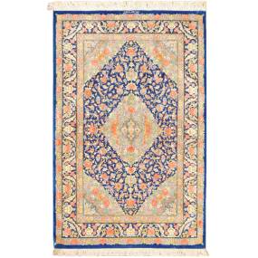 Pasargad Home Azerbaijan Collection Hand-Knotted Pure Silk Area Rug- 2' 6" X  3'11", Blue - Pasargad Home 038014