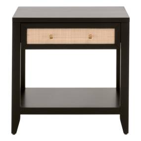 Holland 1-Drawer Side Table - Brushed Black Acacia, Natural Rattan - Essentials For Living