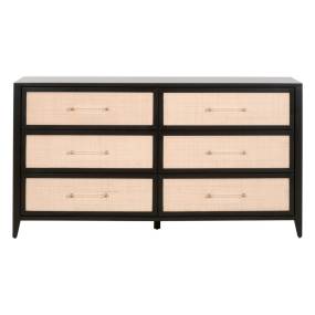 Holland 6-Drawer Double Dresser - Brushed Black Acacia, Natural Rattan - Essentials For Living