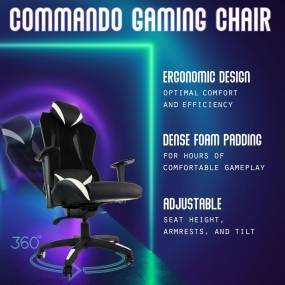 Commando Ergonomic High-Back Gaming Chair in Black and White with Adjustable Gas Lift Seating and Lumbar Support - Hanover HGC0104