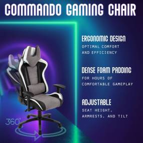 Commando Ergonomic Gaming Chair in Black, Grey, and White with Adjustable Gas Lift Seating and Lumbar Support - Hanover HGC0107