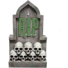 Haunted Hill Farm 2-Ft. RIP Tombstone with Skulls Prelit LED Resin Figurine, Indoor or Covered Outdoor Halloween Decoration, Plug-in - Almo HHRS024-1TMB-GRY